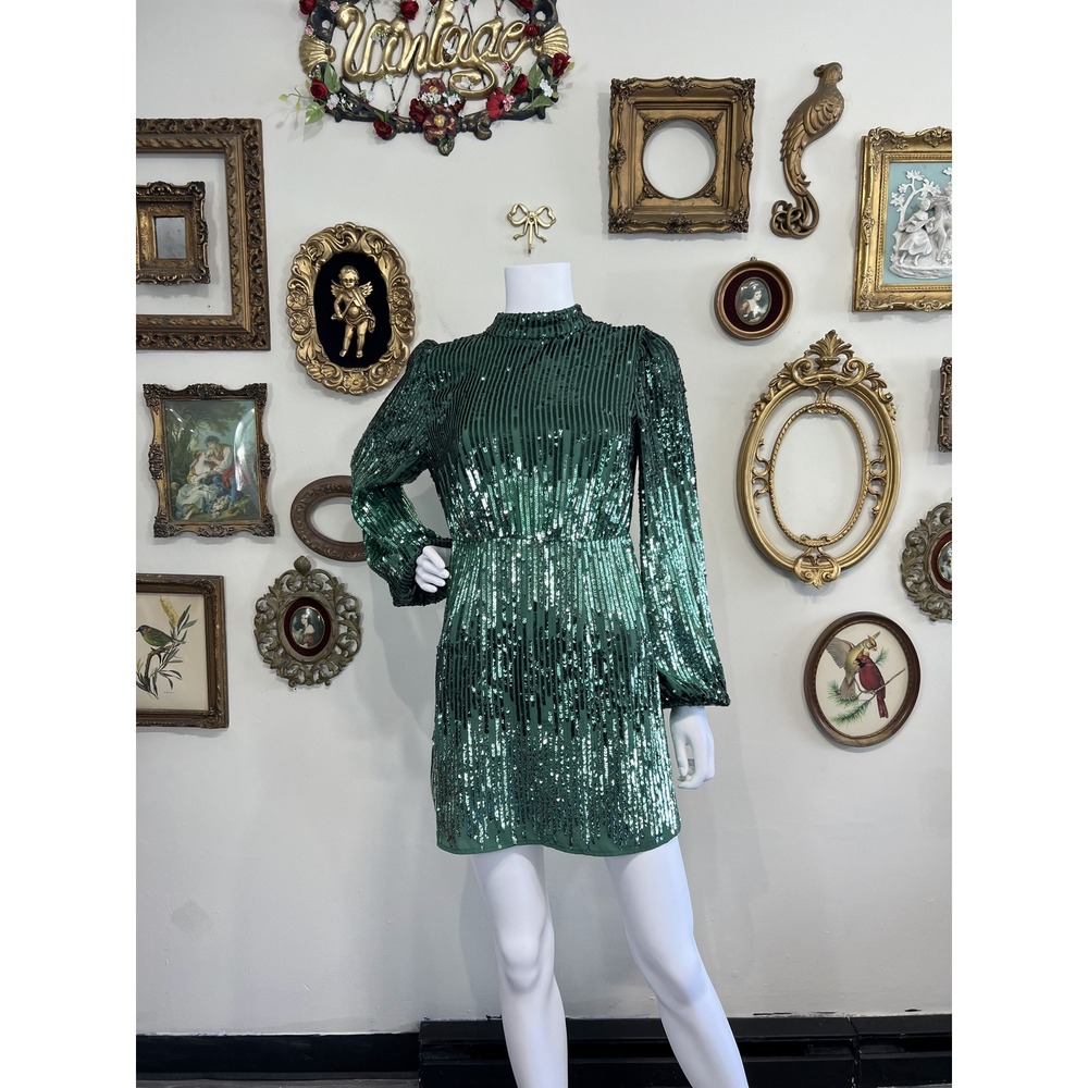 Rixo Green Sequin Long Sleeve Mock Neck Mini Dress XS - Picture 1 of 8